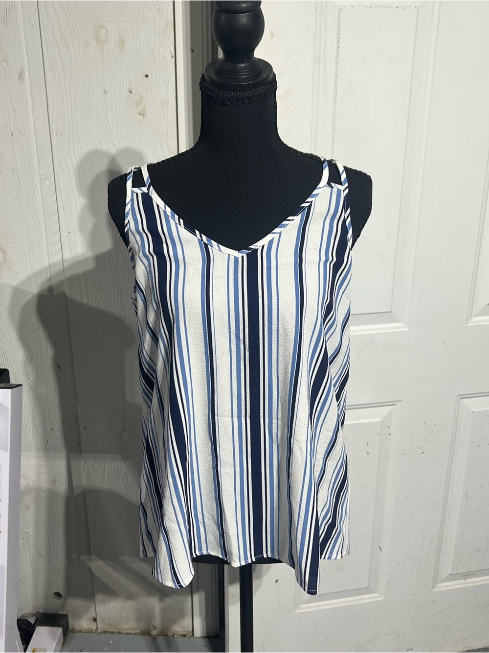 Pink Rose White Striped V-Neck Camisole with Navy and Blue Stripes
